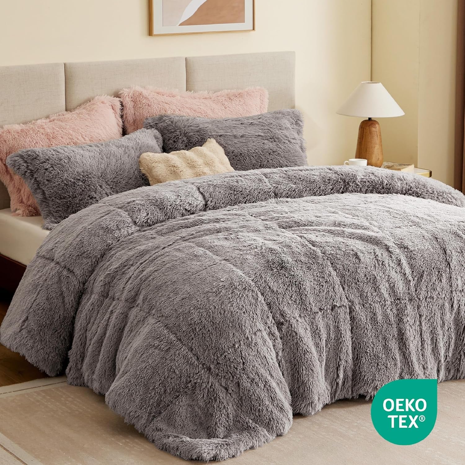 Malea 3 Piece Shaggy Faux Fur Comforter Set Solid Plush Double Sided Box Quilting Design, Modern Casual All Season Quilt Bedding with Matching Sham, King/Cal King, Grey 3 Piece