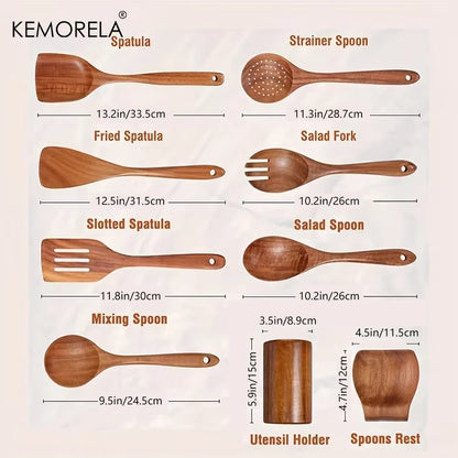 4/7/9PCS Wooden Spoons for Cooking Wooden Utensils for Cooking with Utensils Holder Teak Wooden Kitchen Utensils Set