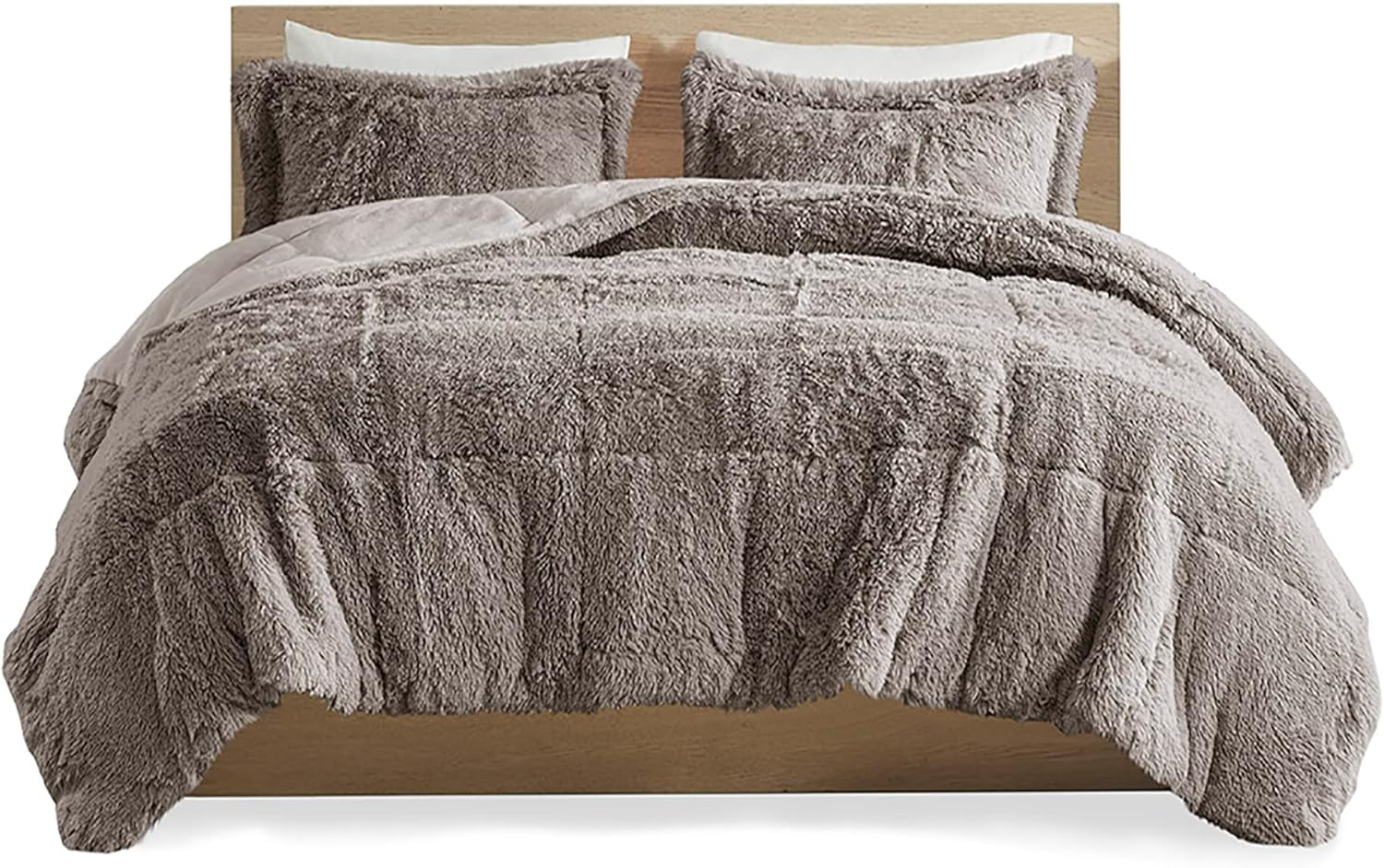 Malea 3 Piece Shaggy Faux Fur Comforter Set Solid Plush Double Sided Box Quilting Design, Modern Casual All Season Quilt Bedding with Matching Sham, King/Cal King, Grey 3 Piece